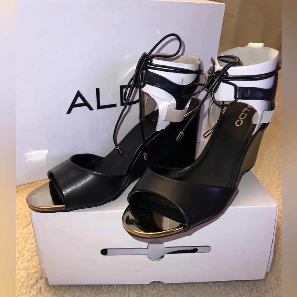 Black & Gold Frizzell Lace Up Ankle Wedge Heels